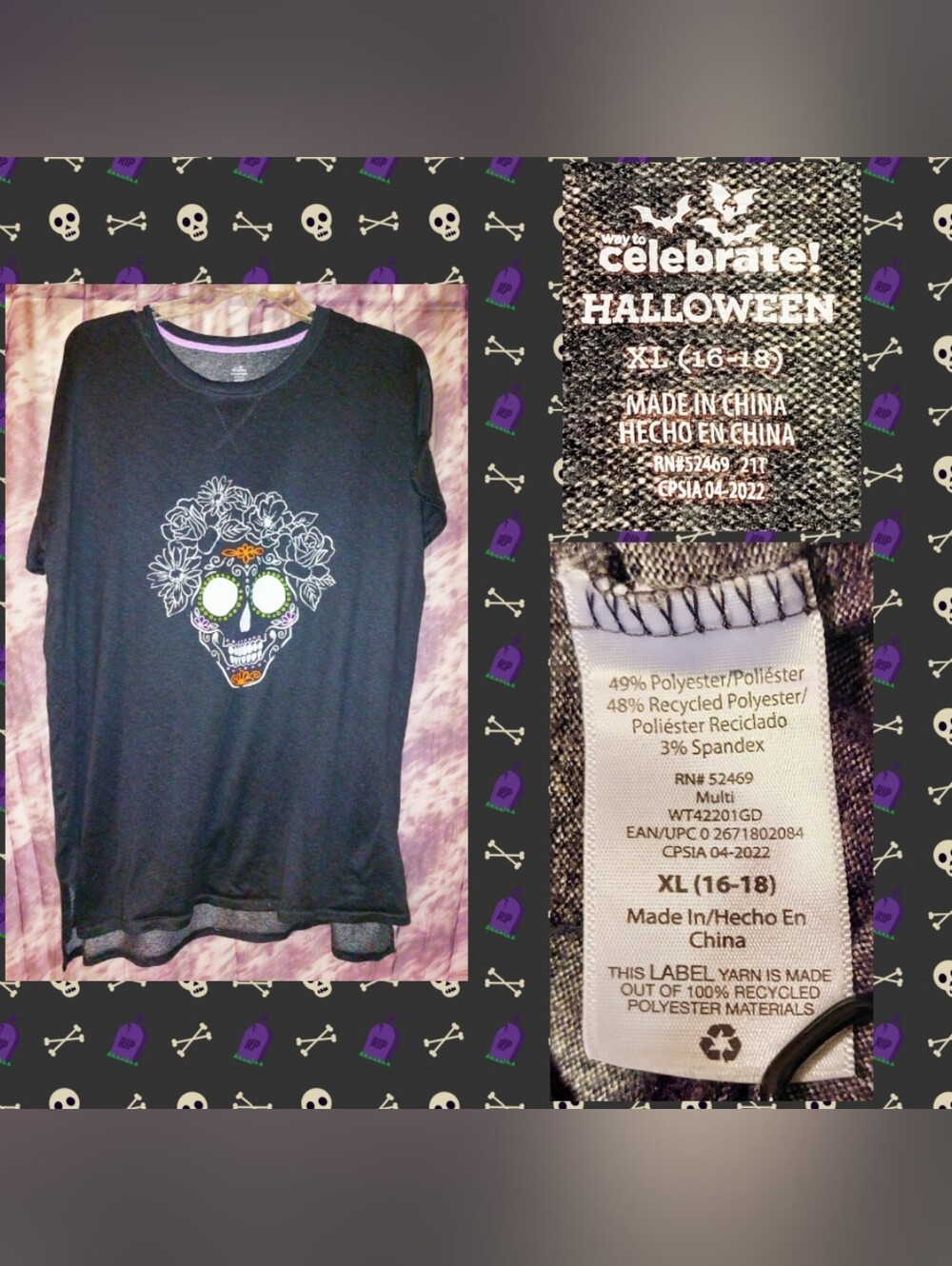 Way to Celebrate Blk Sugar Skull w/Flower Crown Print Soft Nightshirt XL(16-18)